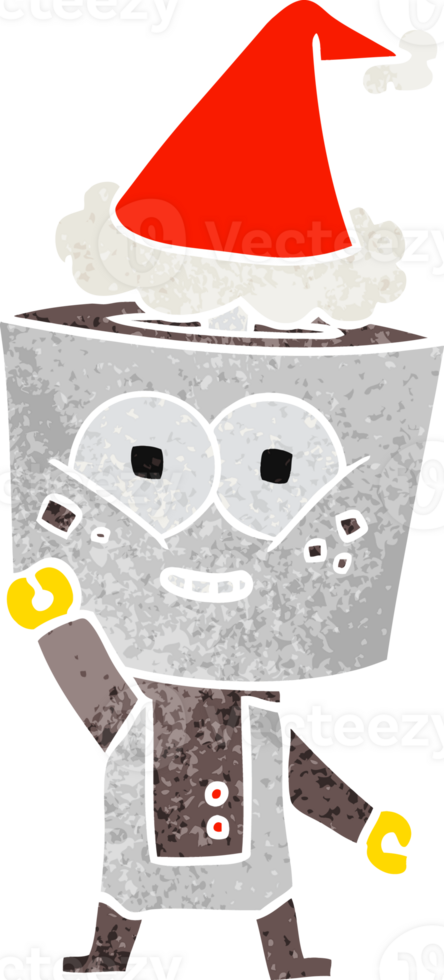 happy hand drawn retro cartoon of a robot waving hello wearing santa hat png