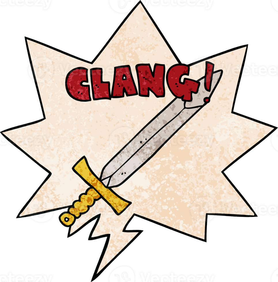 cartoon clanging sword with speech bubble in retro texture style png