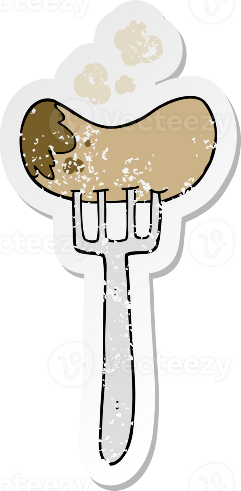 distressed sticker of a cartoon sausage and fork png
