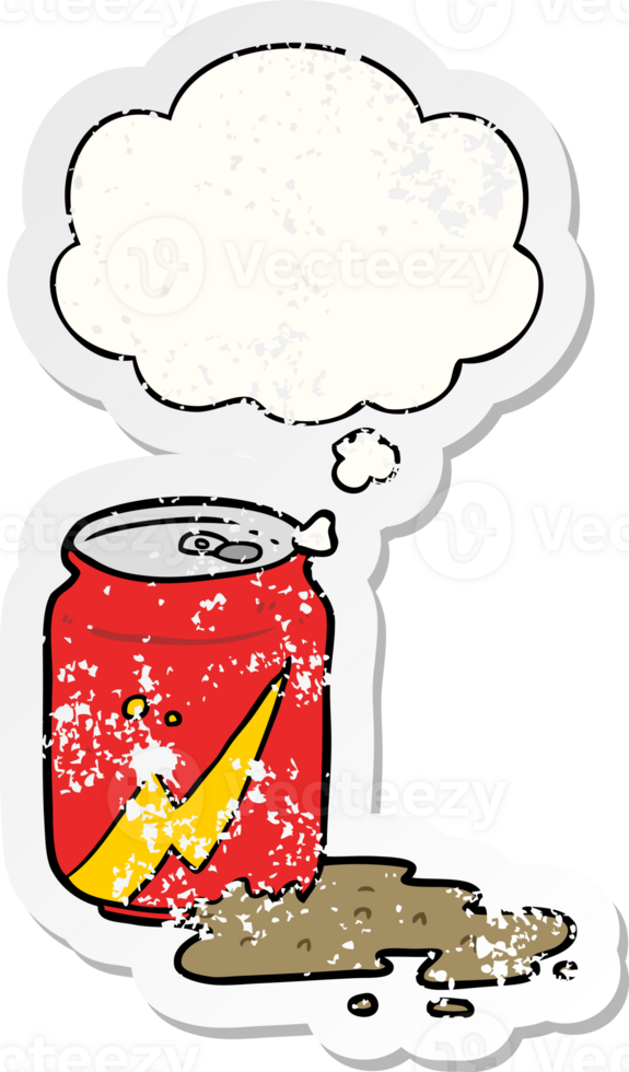 cartoon soda can with thought bubble as a distressed worn sticker png