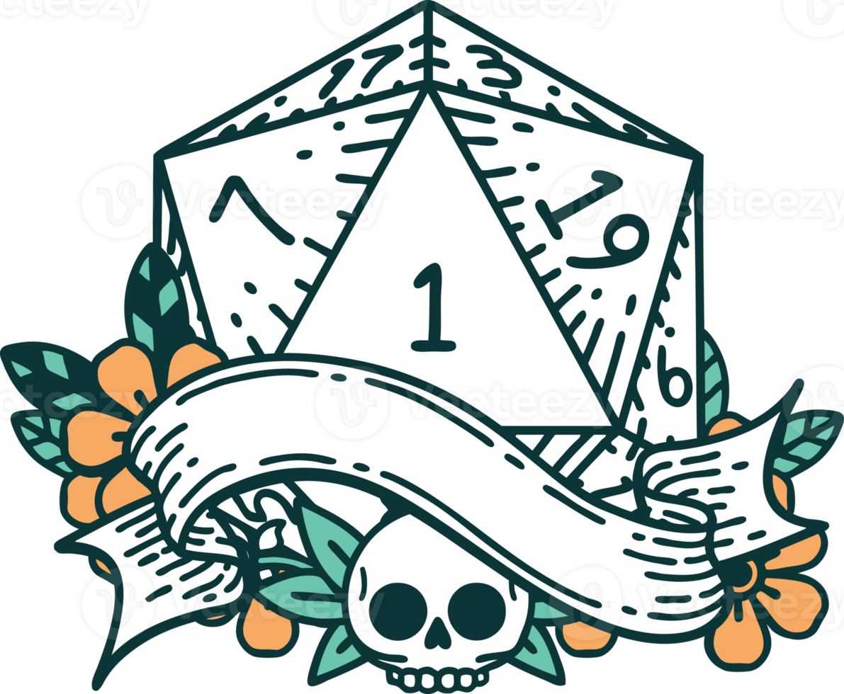Retro Tattoo Style natural one d20 dice roll png