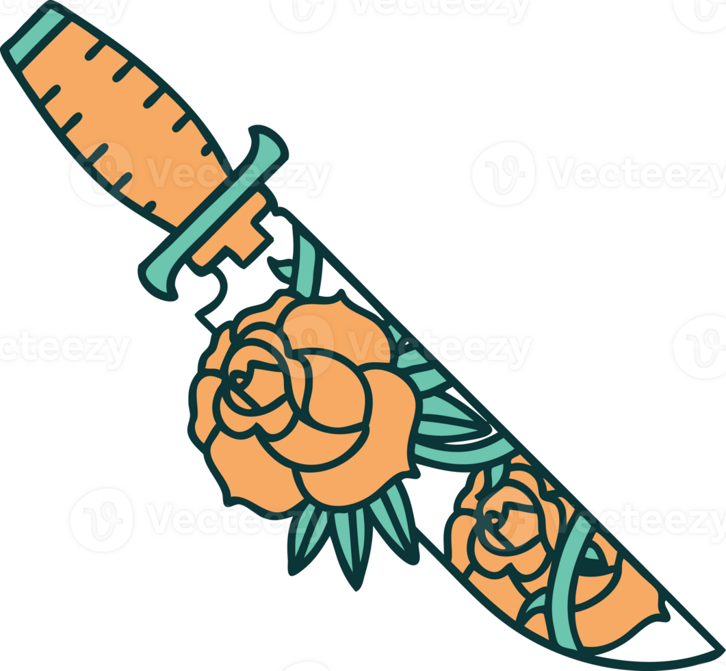 iconic tattoo style image of a dagger and flowers png