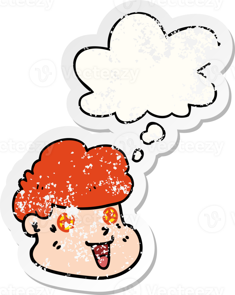 cartoon boy's face with thought bubble as a distressed worn sticker png