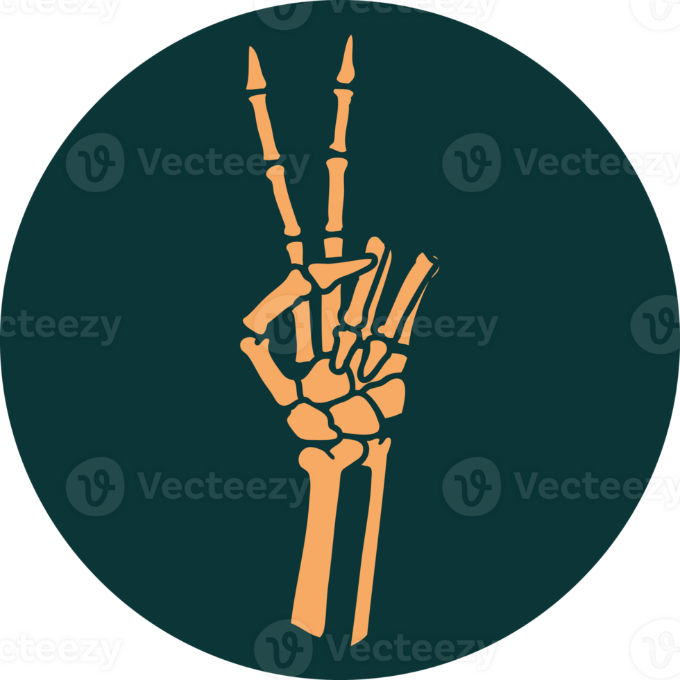 iconic tattoo style image of a skeleton giving a peace sign png