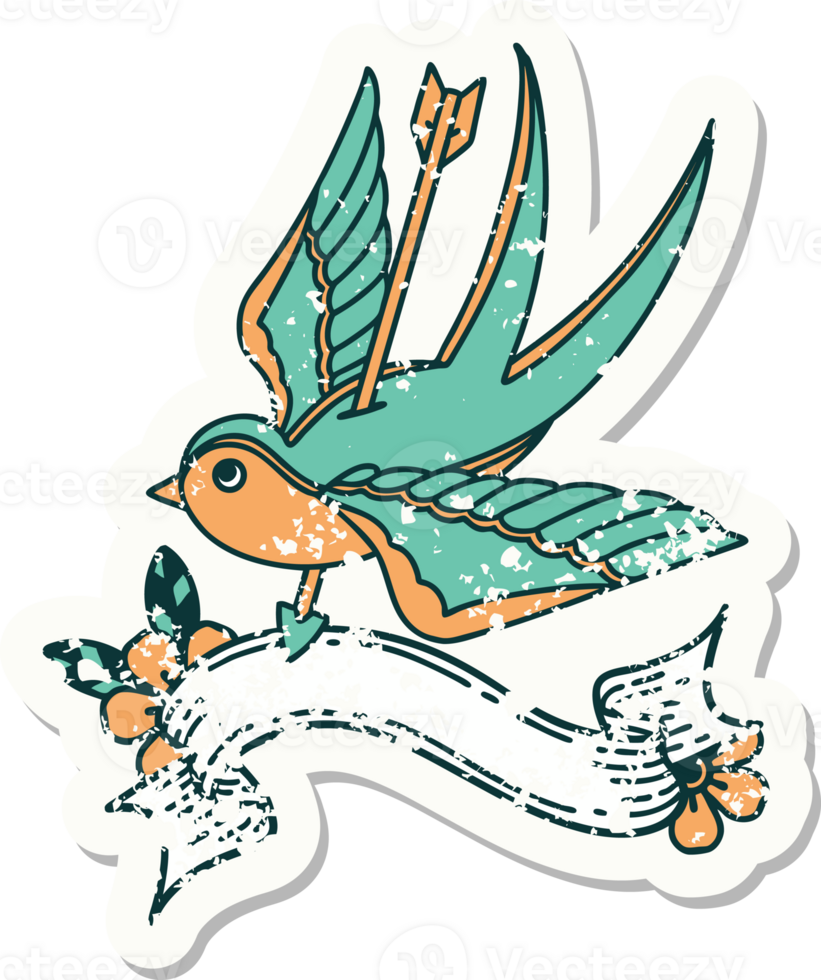 worn old sticker with banner of a swallow pierced by arrow png