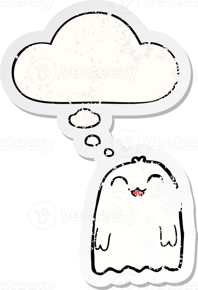 cartoon ghost with thought bubble as a distressed worn sticker png