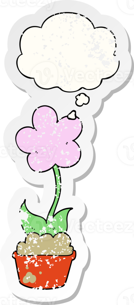 cute cartoon flower with thought bubble as a distressed worn sticker png