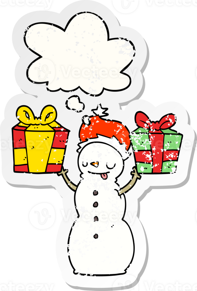 cartoon snowman with present with thought bubble as a distressed worn sticker png