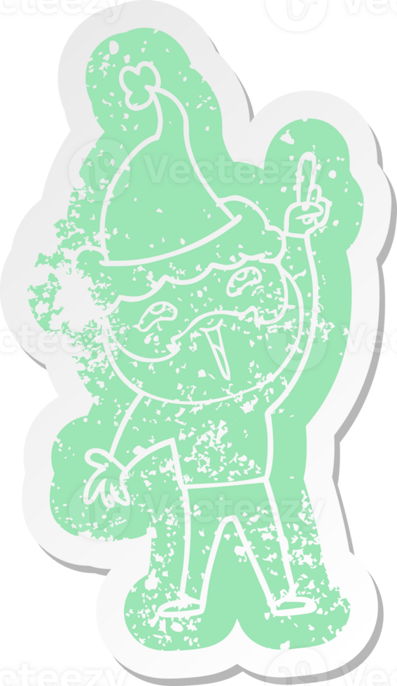 quirky cartoon distressed sticker of a happy bearded man wearing santa hat png