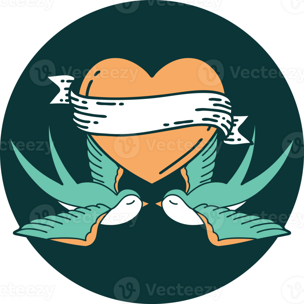 iconic tattoo style image of swallows and a heart with banner png