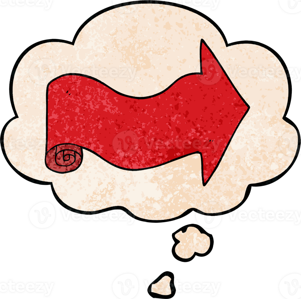 cartoon pointing arrow with thought bubble in grunge texture style png