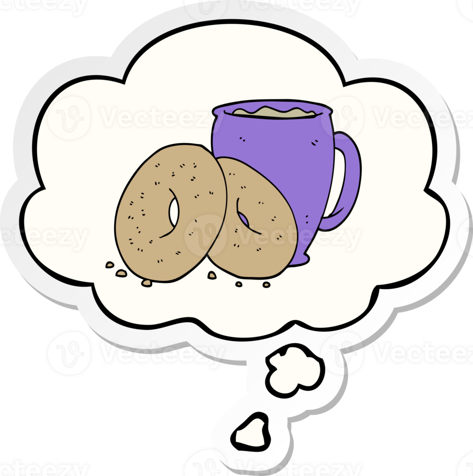 cartoon coffee and donuts with thought bubble as a printed sticker png