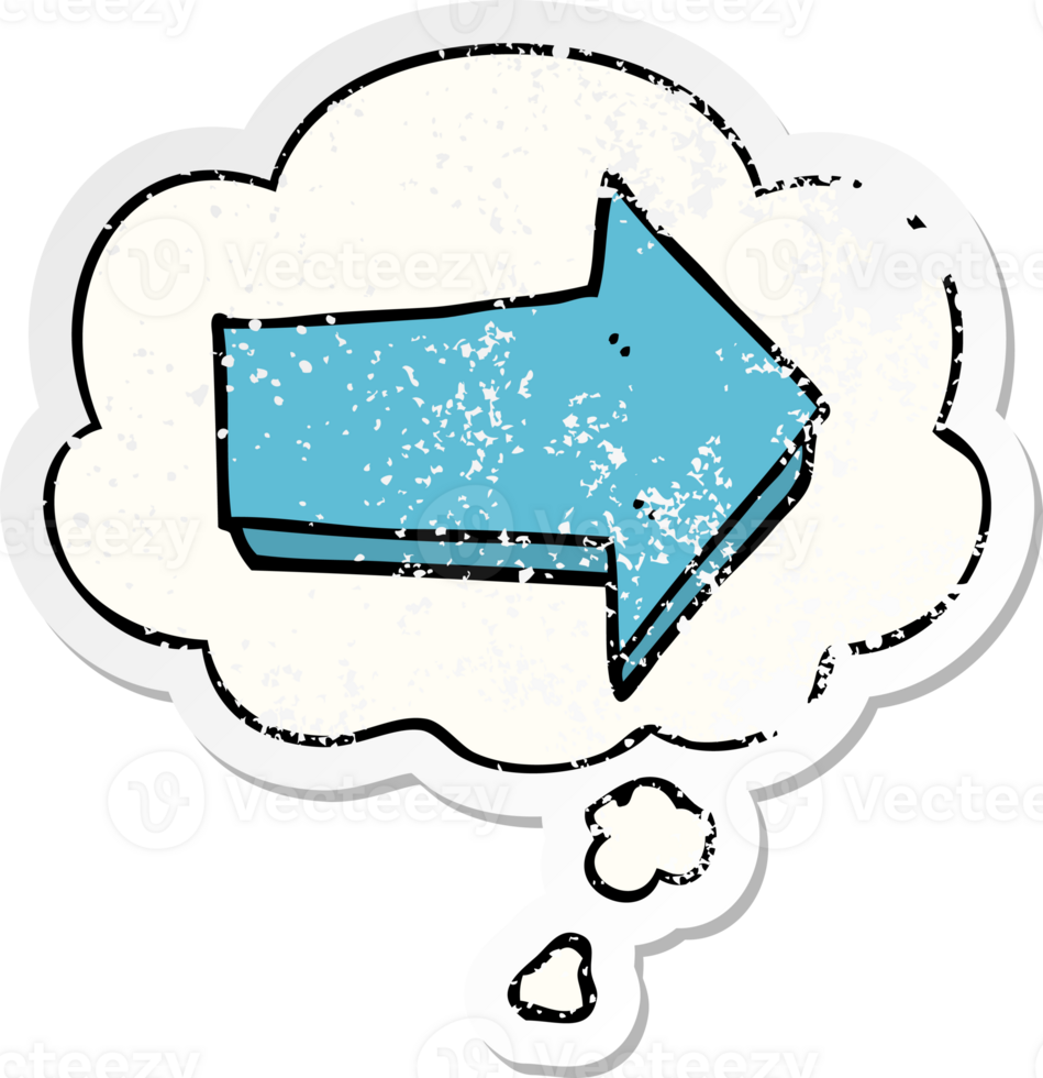 cartoon arrow with thought bubble as a distressed worn sticker png