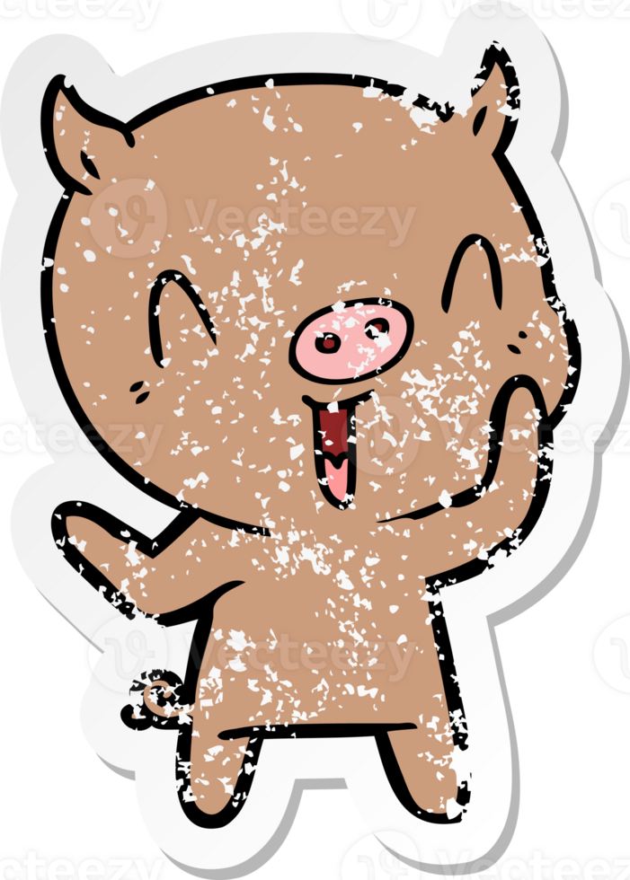 distressed sticker of a happy cartoon pig png