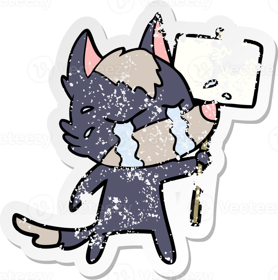 distressed sticker of a cartoon crying wolf png