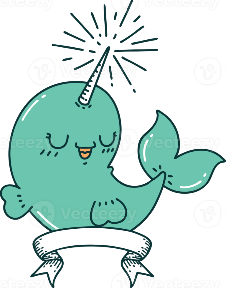 banner with tattoo style happy narwhal png