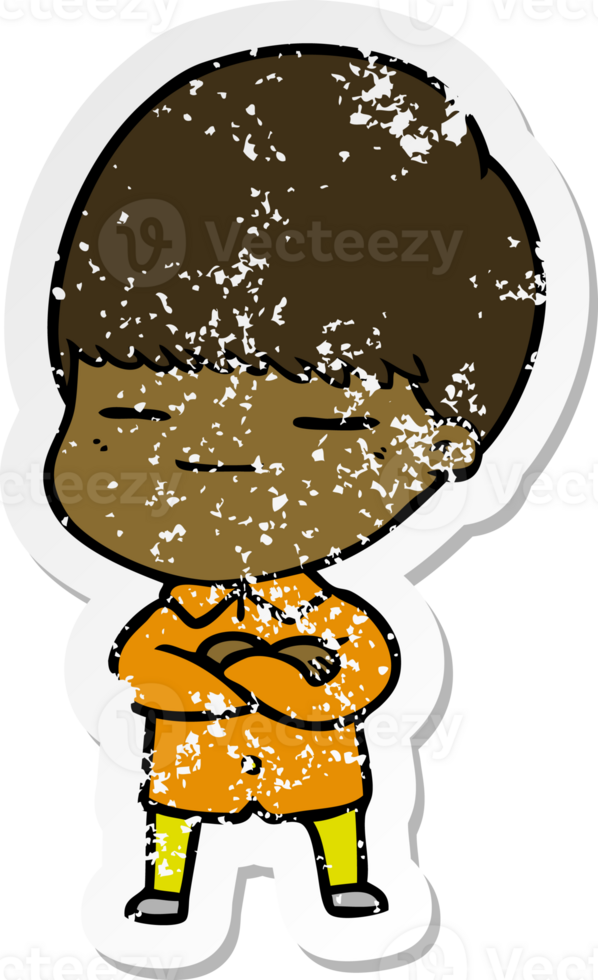 distressed sticker of a cartoon smug boy png