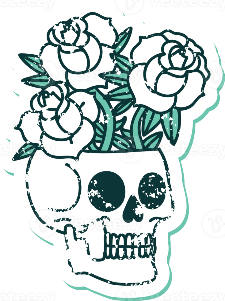 iconic distressed sticker tattoo style image of a skull and roses png