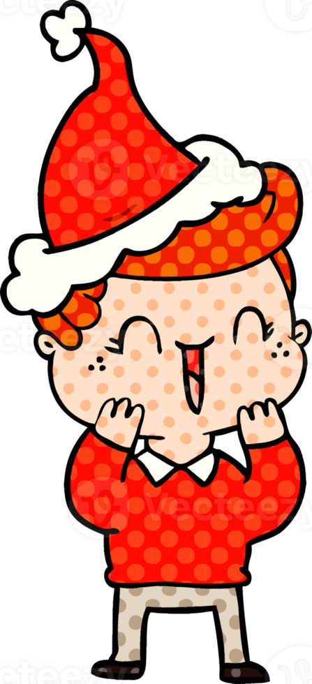 hand drawn comic book style illustration of a laughing boy wearing santa hat png