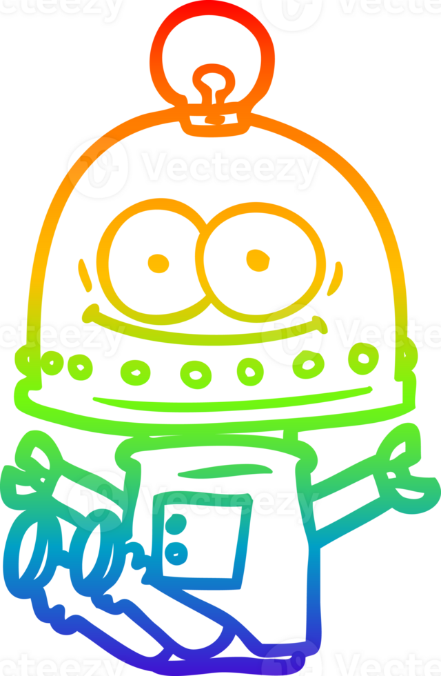 rainbow gradient line drawing of a happy carton robot with light bulb png