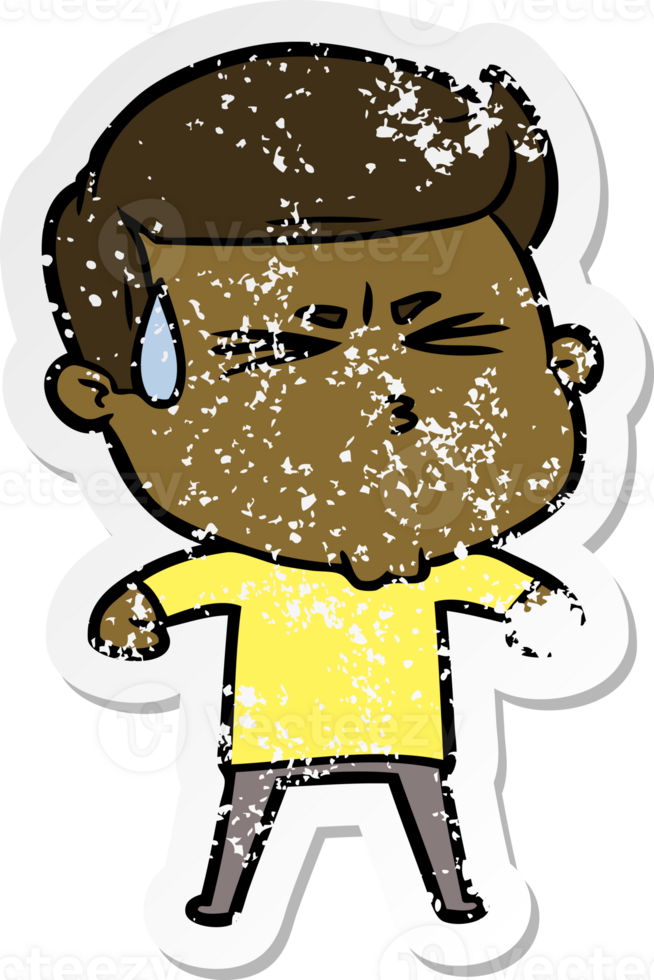 distressed sticker of a cartoon man sweating png