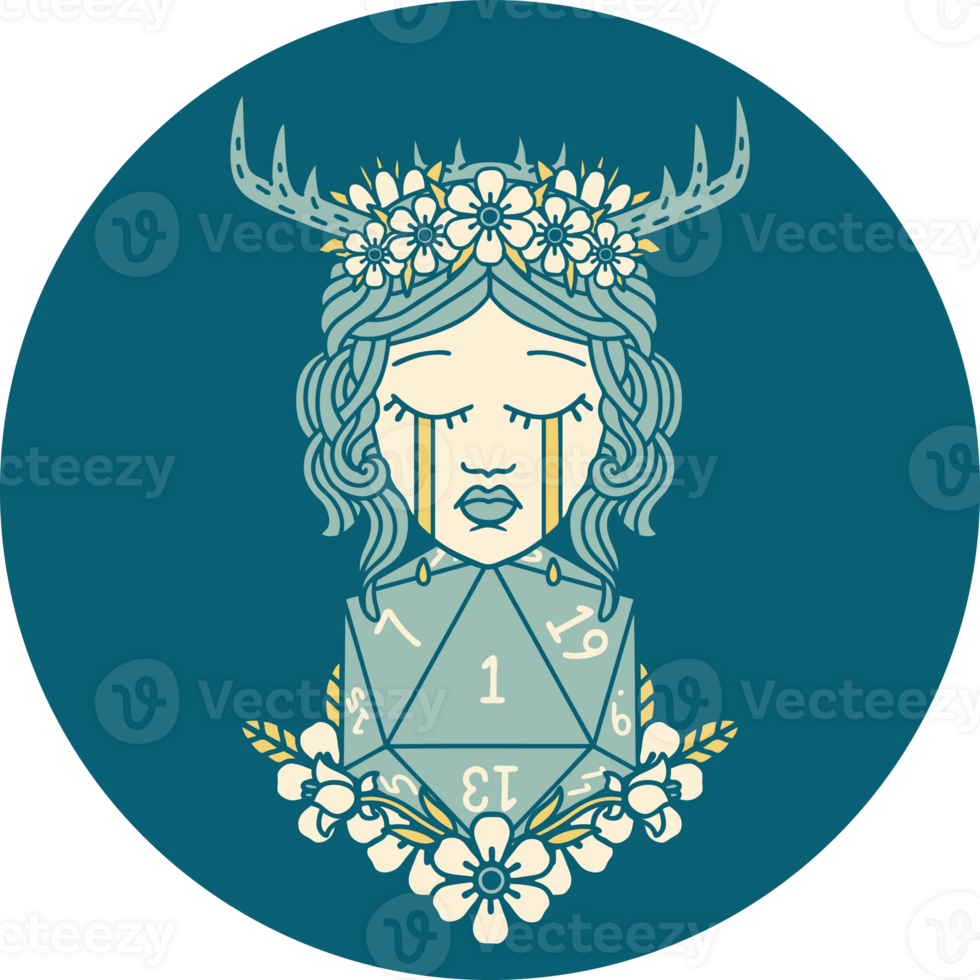 icon of crying human druid with natural one D20 roll png