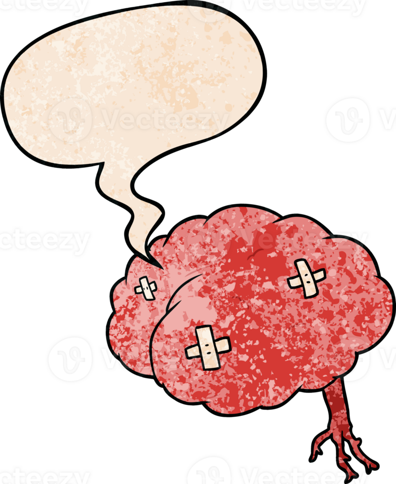 cartoon injured brain with speech bubble in retro texture style png