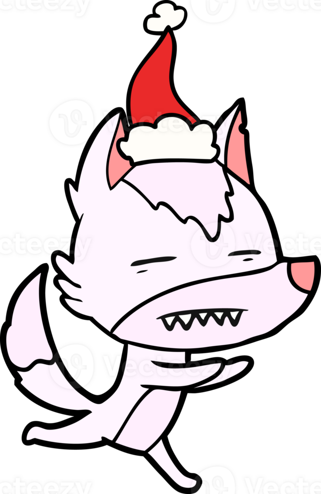 hand drawn line drawing of a wolf showing teeth wearing santa hat png
