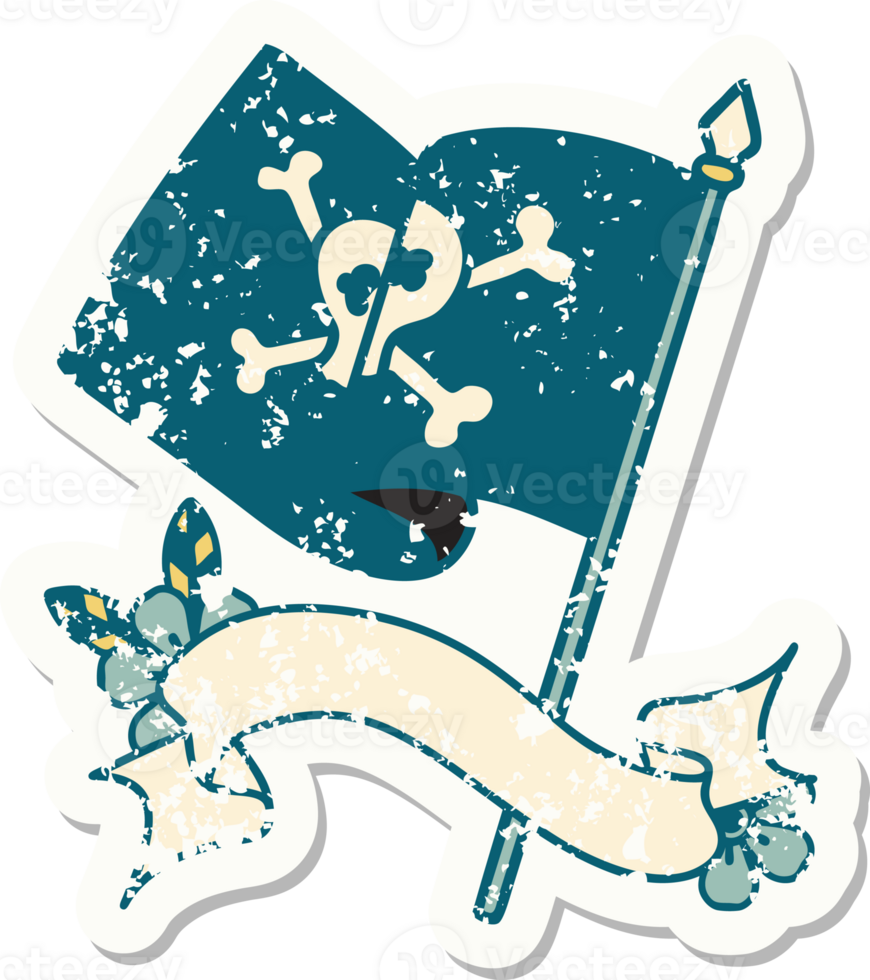 worn old sticker with banner of a pirate flag png