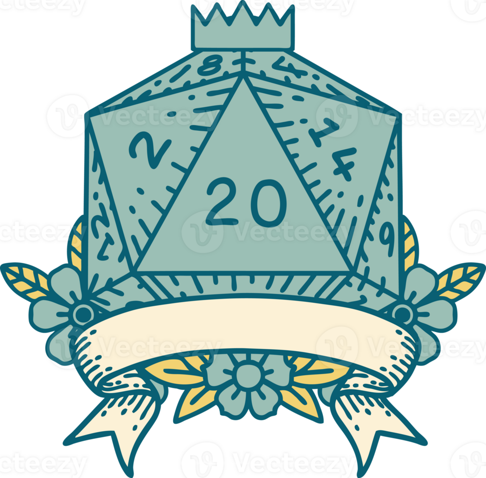 Retro Tattoo Style natural 20 critical hit D20 dice roll png