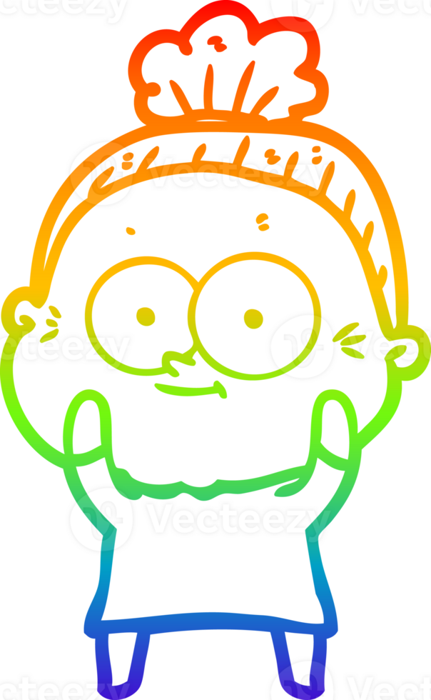 rainbow gradient line drawing of a cartoon happy old woman png