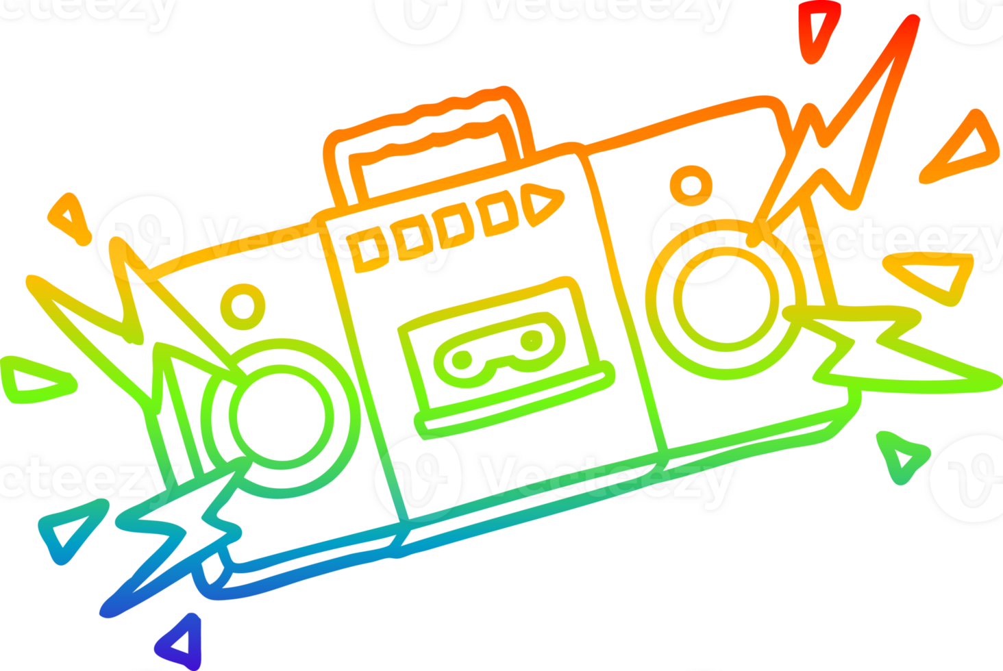 rainbow gradient line drawing of a retro cartoon tape cassette player blasting out old rock tunes png