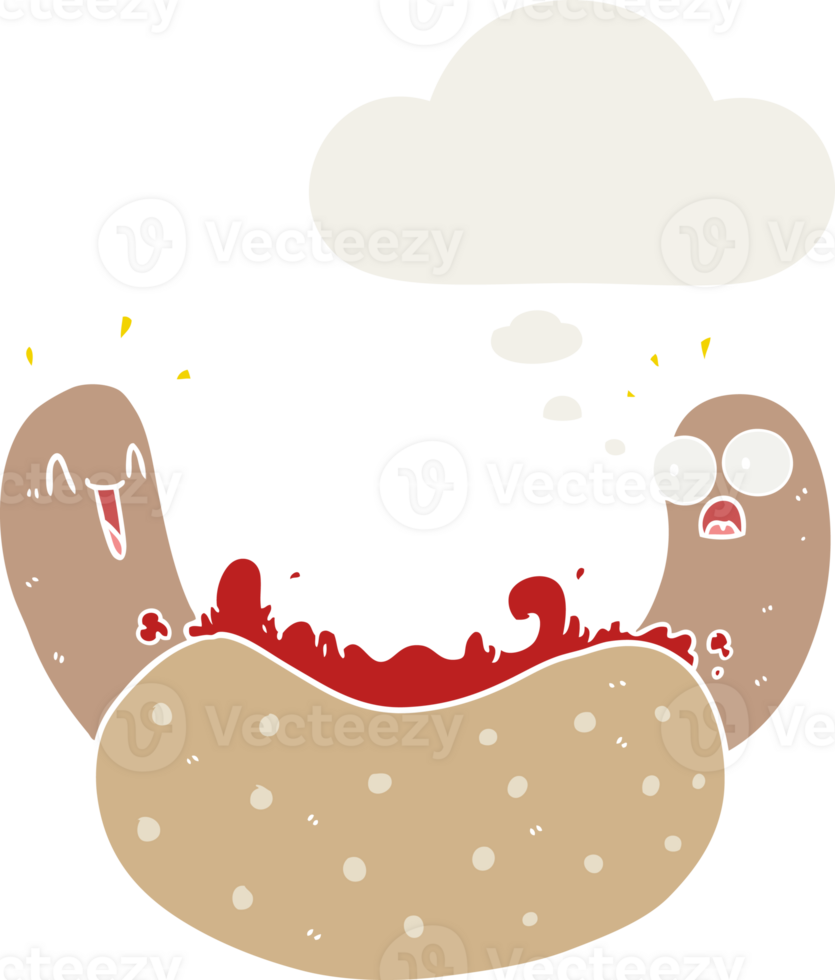 cartoon hotdog with thought bubble in retro style png