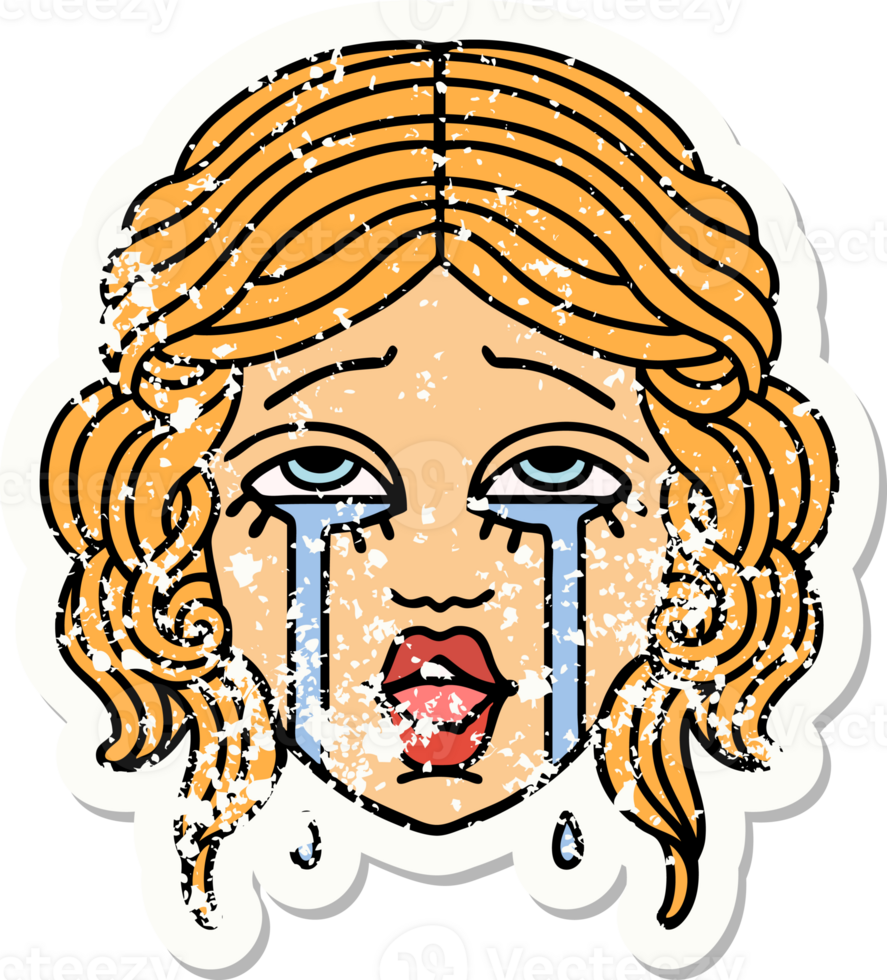 distressed sticker tattoo in traditional style of a very happy crying female face png