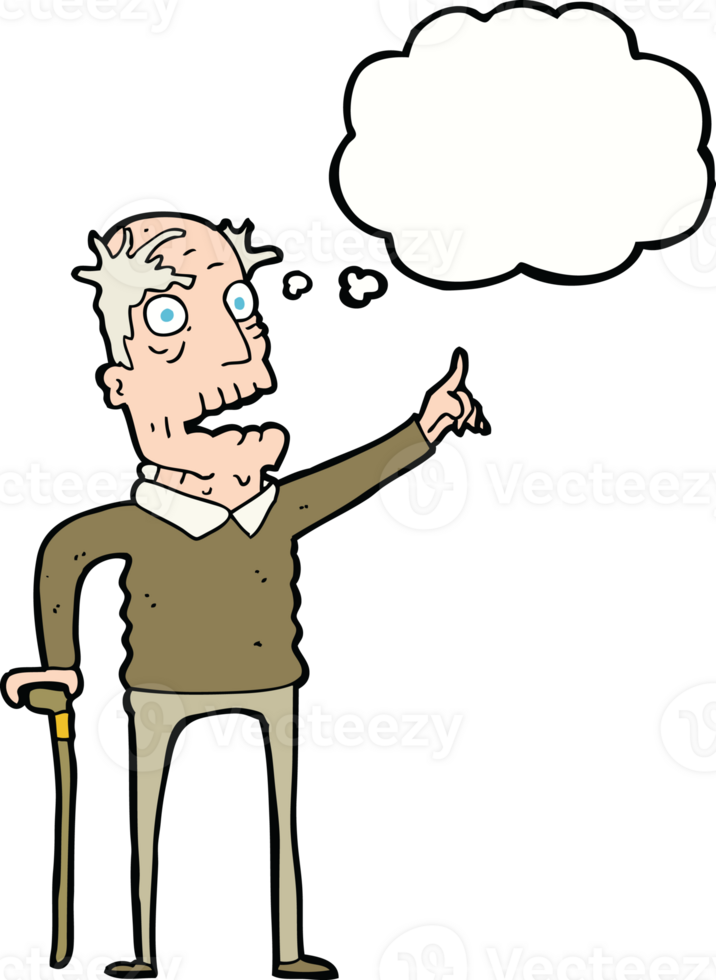 cartoon old man with walking stick with thought bubble png