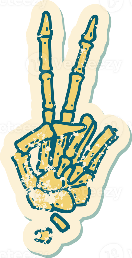 iconic distressed sticker tattoo style image of a skeleton giving a peace sign png