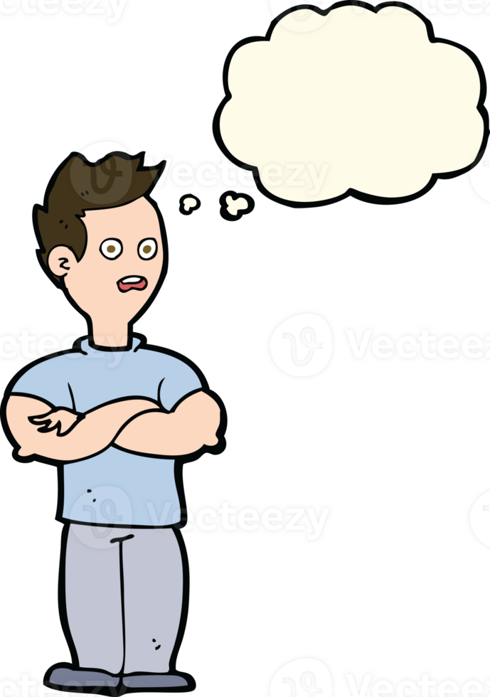 cartoon man with crossed arms with thought bubble png