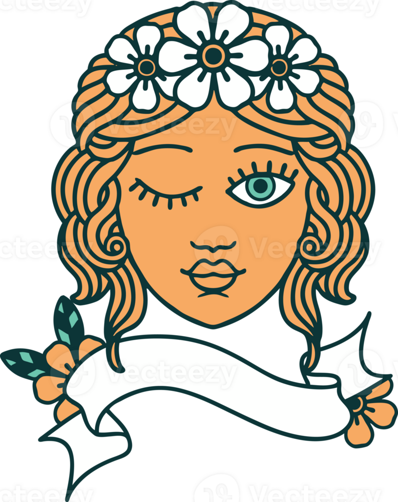 traditional tattoo with banner of a maidens face winking png
