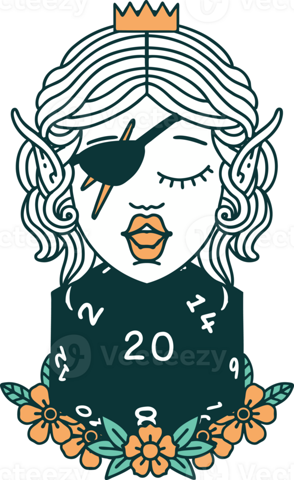 Retro Tattoo Style elf rogue character with natural twenty dice roll png