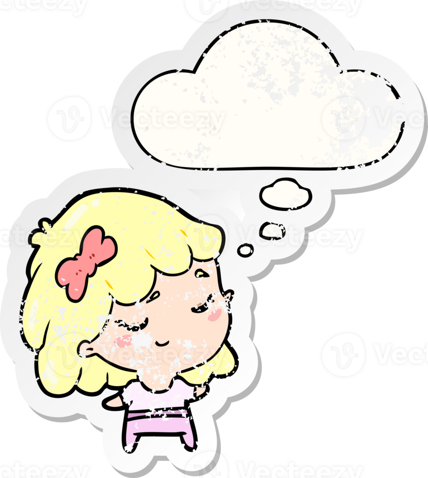 cartoon happy girl with thought bubble as a distressed worn sticker png
