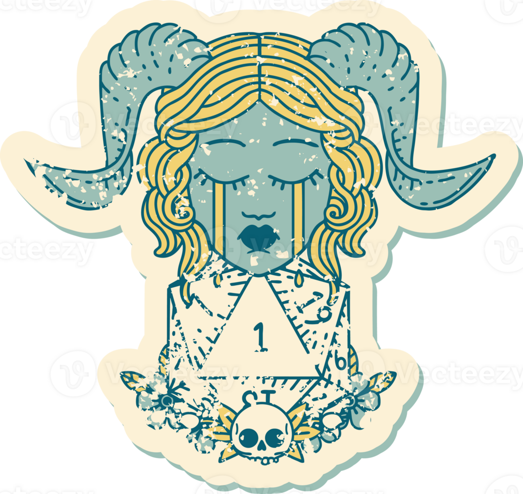 grunge sticker of a crying tiefling with natural one D20 dice roll png