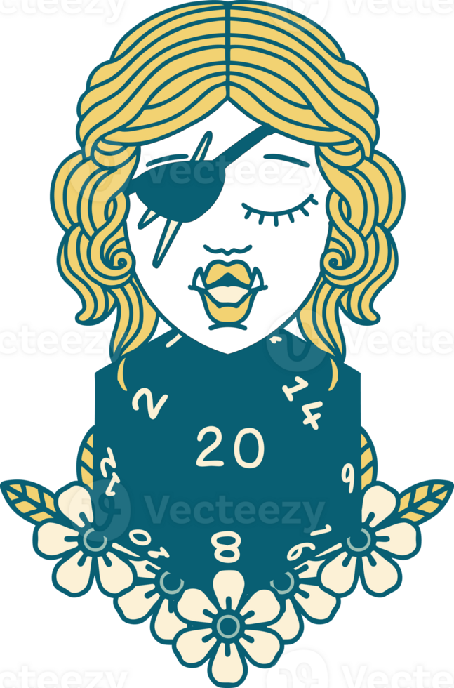 Retro Tattoo Style half orc rogue with natural twenty dice roll png