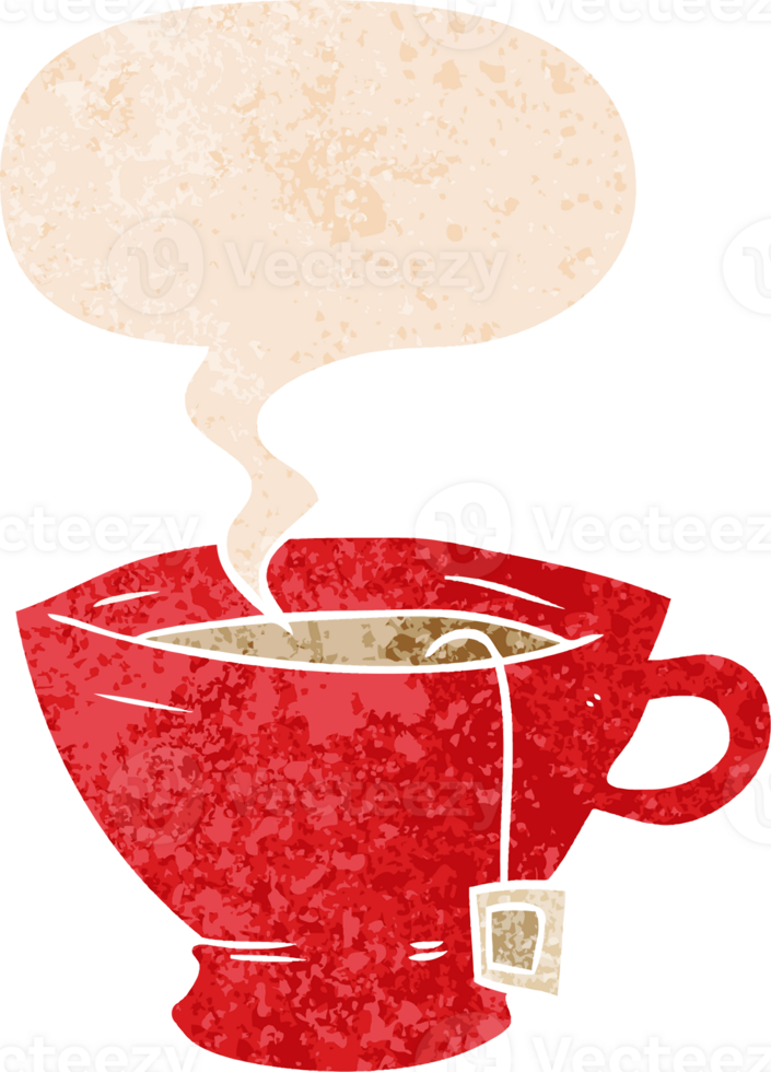 cartoon cup of tea with speech bubble in grunge distressed retro textured style png