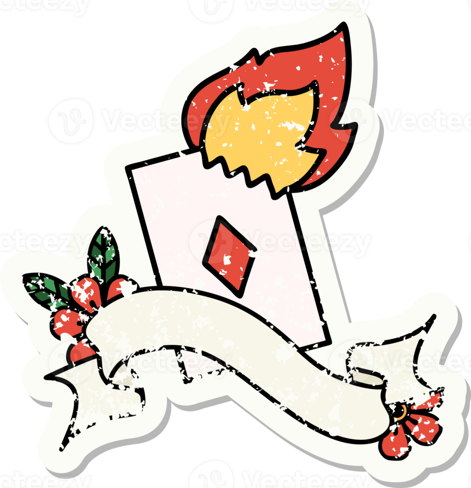 worn old sticker with banner of a flaming card png