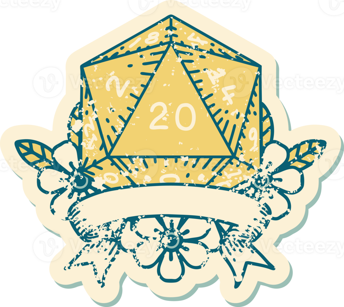Retro Tattoo Style natural 20 critical hit D20 dice roll png