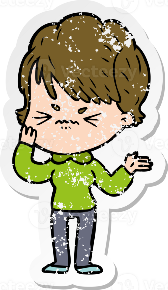distressed sticker of a cartoon frustrated woman png