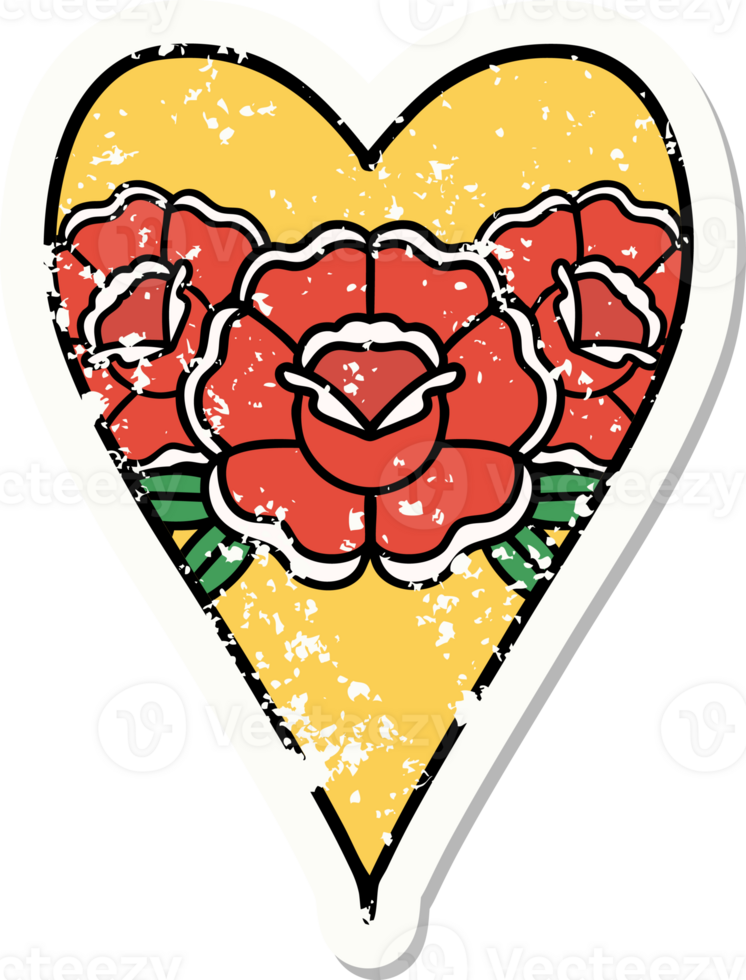 distressed sticker tattoo in traditional style of a heart and flowers png