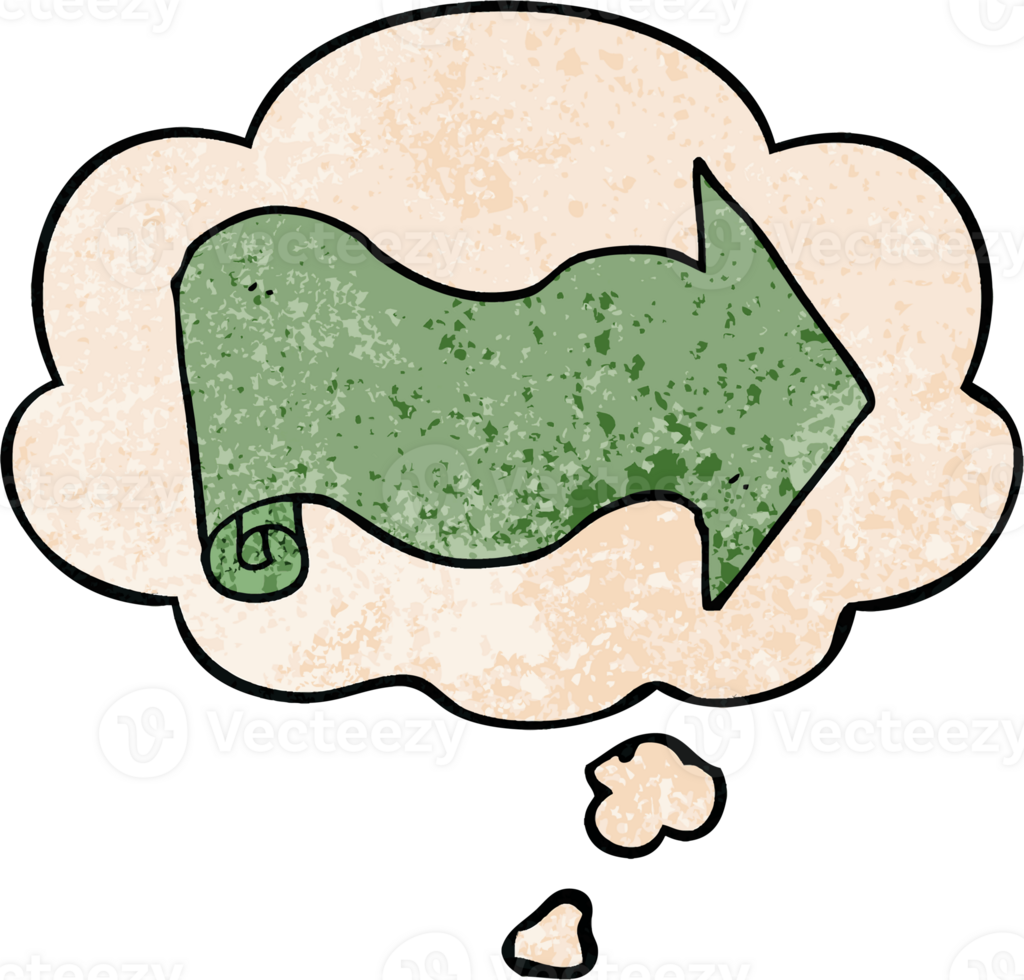 cartoon arrow with thought bubble in grunge texture style png