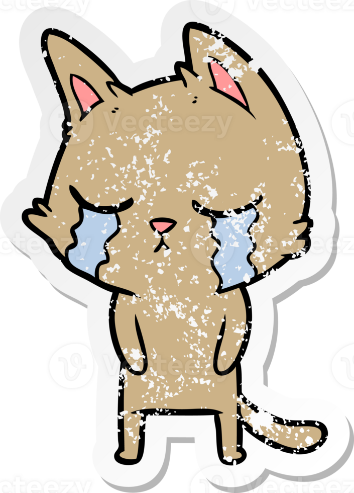distressed sticker of a crying cartoon cat png