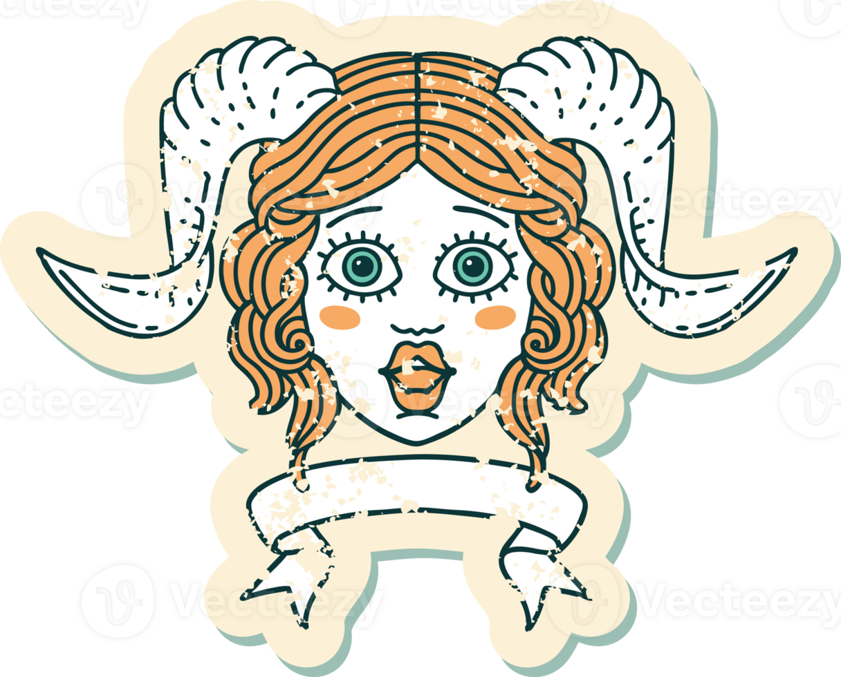 Retro Tattoo Style tiefling character face with scroll banner png